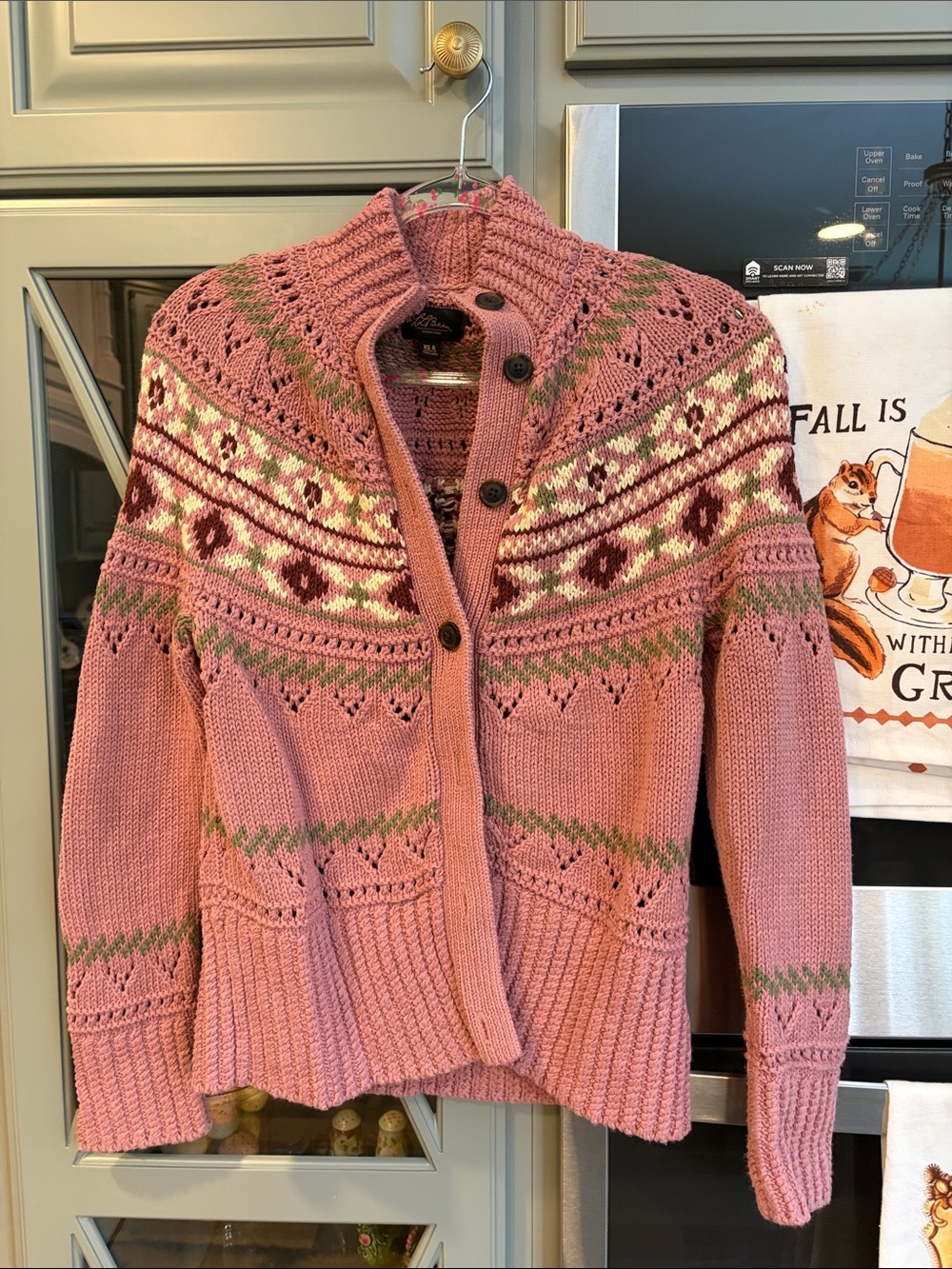LL Bean Cotton Pink Fair Isle Button-Front Cardigan Sweater XS
